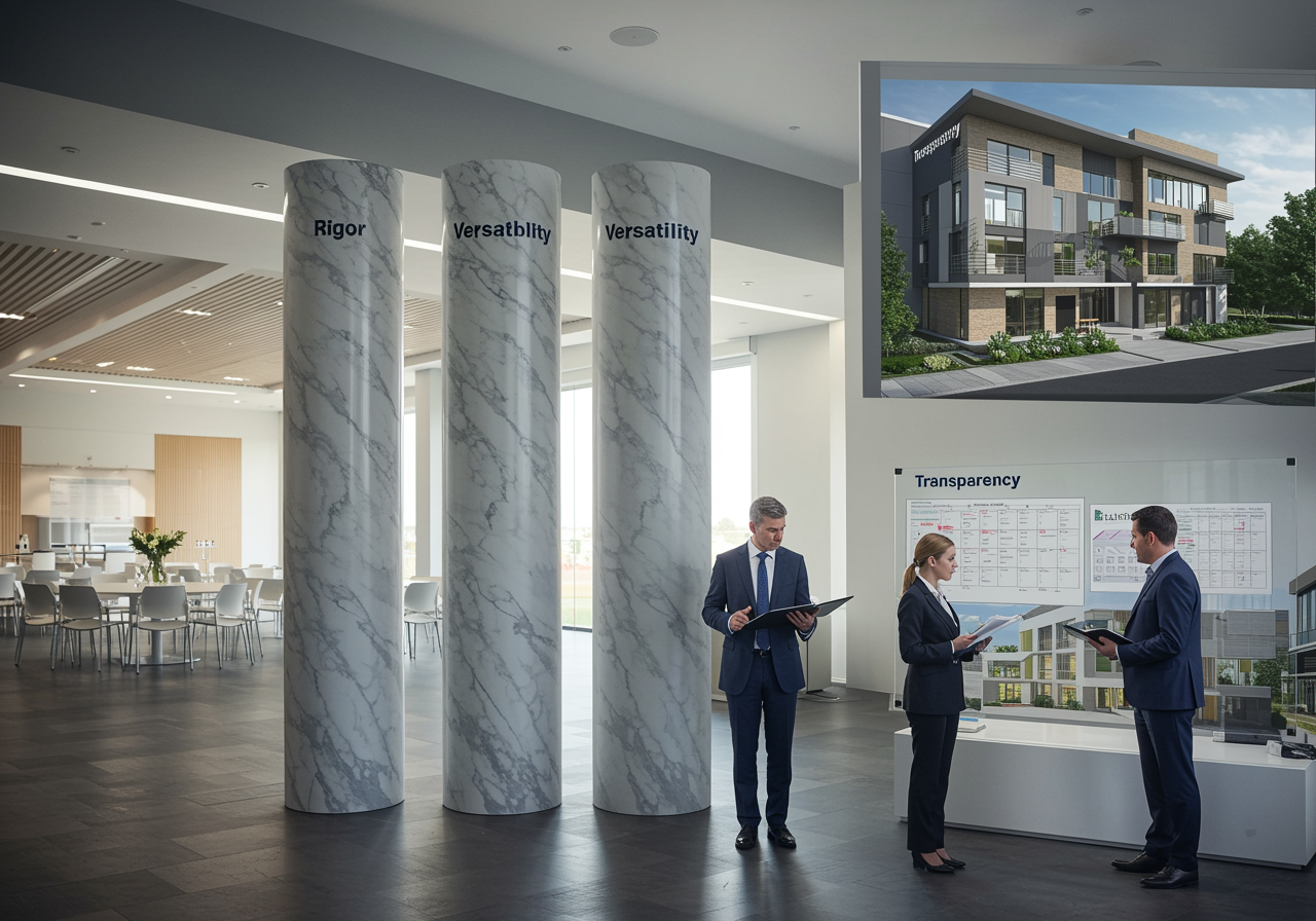 "Ilustración digital profesional que representa los valores 'Rigor', 'Versatilidad' y 'Transparencia' en la gestión de eventos y bienes raíces, con un moderno salón de eventos y un apartamento de lujo."