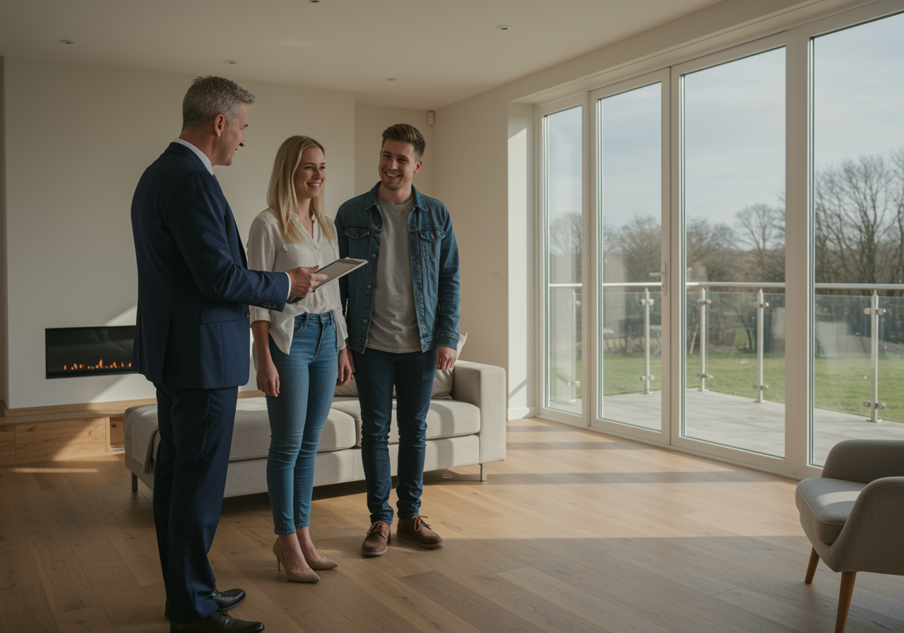 "Asesor inmobiliario en traje azul guiando a una pareja joven en sala moderna iluminada, ofreciendo orientación personalizada y confianza en la compra de vivienda."