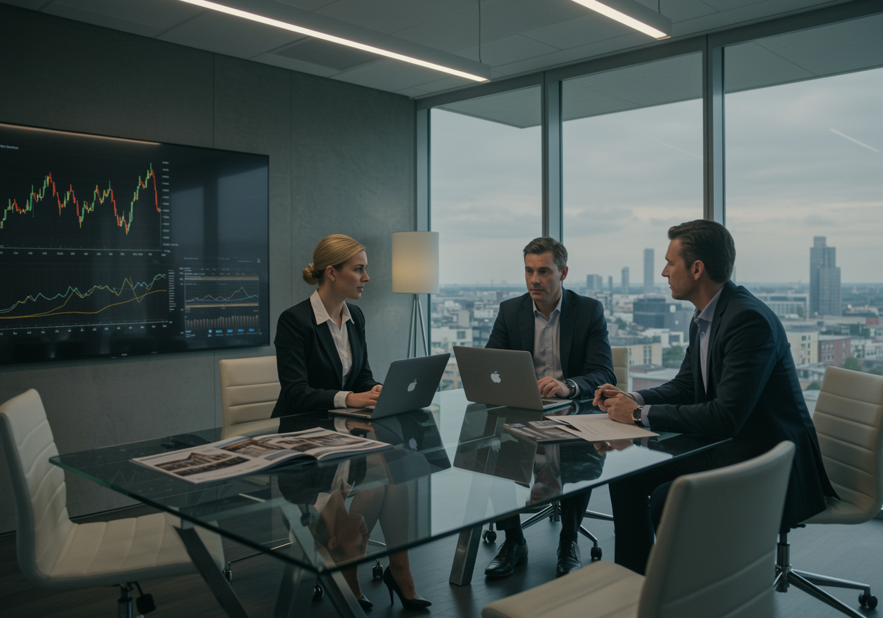 "Consultora inmobiliaria blanca presenta gráficos de tendencias del mercado a una pareja en una oficina contemporánea, destacando un ambiente profesional y acogedor."