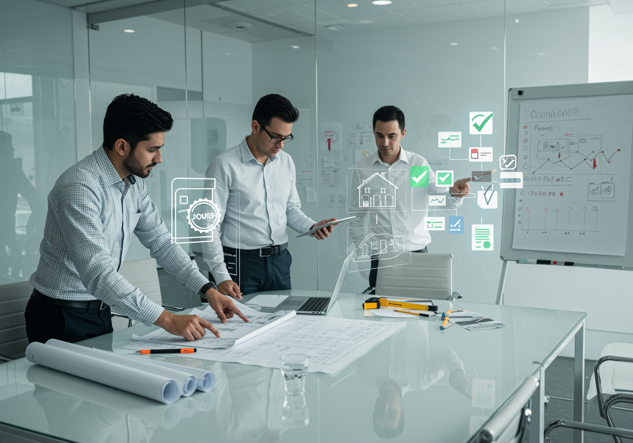 "Imagen fotorealista de profesionales en una sala de conferencias moderna que refleja el rigor operativo y la versatilidad de GRUPO FLÁMULA – ALARDEO, destacando la transparencia y precisión en la gestión de proyectos."